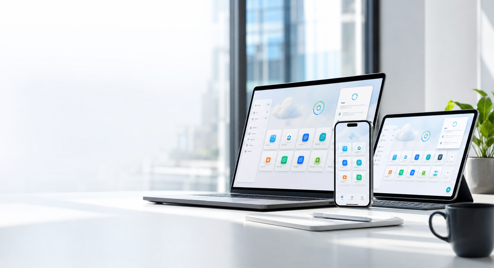Laptop, tablet, and phone showing synchronized cloud app screens